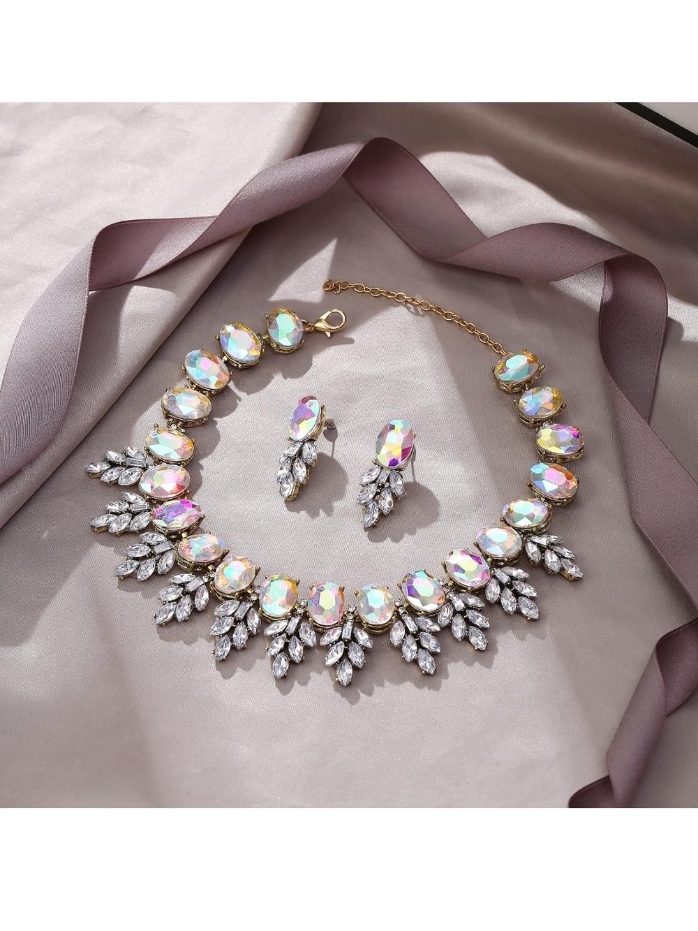 Aurora Crystal Statement Necklace & Earrings Set - Iridescent